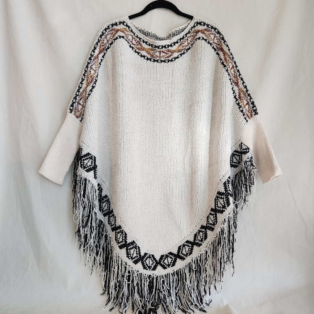 Fringed Knit Chenille Sweater Poncho  - White and Black With Tan Detail. Western